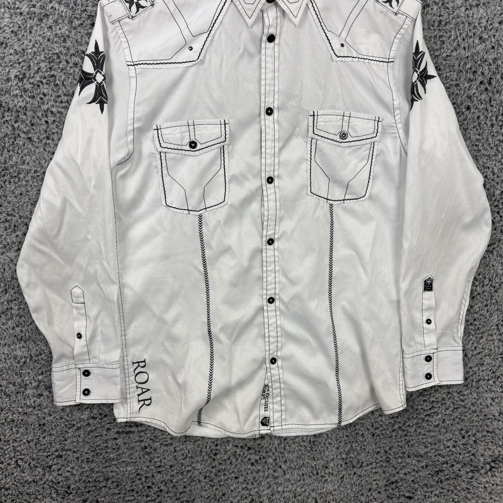 Roar Shirt Mens XL White Stripe Embroidered Cross Rockabilly Western Button Up - Picture 8 of 14
